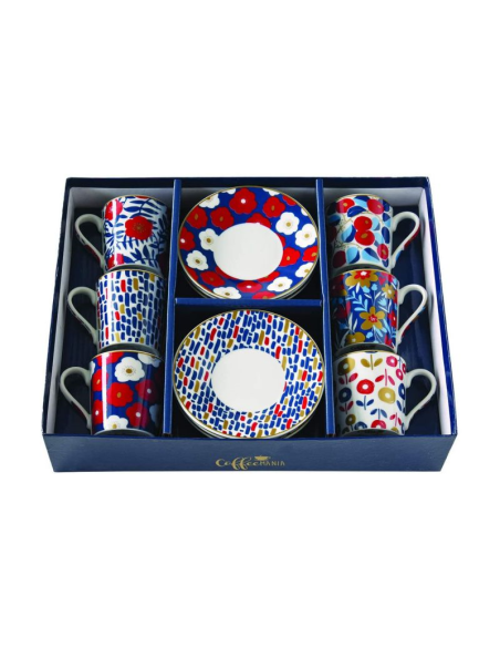 EASY LIFE SET 6 TAZZE CAFFÈ CON PIATTINO 100 ML - FLOWER POWER BLUE