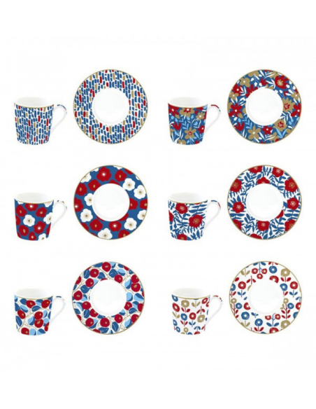 EASY LIFE SET 6 TAZZE CAFFÈ CON PIATTINO 100 ML - FLOWER POWER BLUE