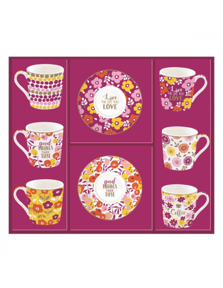 EASY LIFE SET 6 TAZZE CAFFÈ CON PIATTINO 100 ML - FLOWER POWER YELLOW