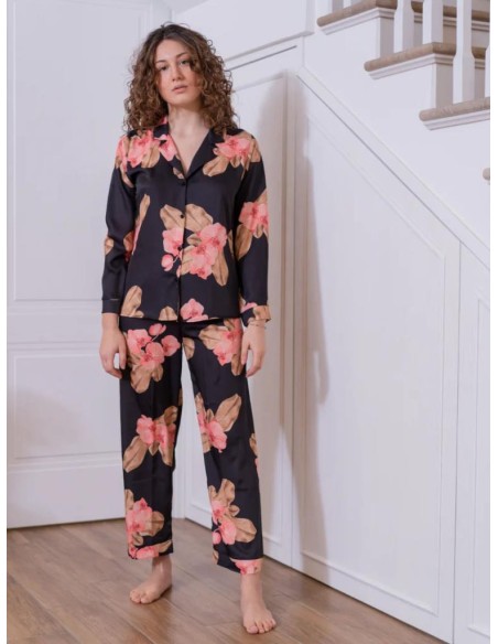 FILO D'ANGELO PIGIAMA DONNA APERTO MANICA LUNGA E PANTALONE LUNGO - FIORE NERO
