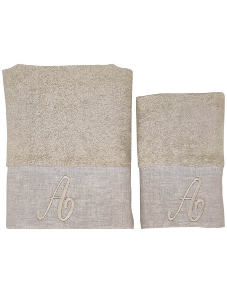 BIANCOPERLA SET 2 ASCIUGAMANI VISO E OSPITE CON INIZIALE RICAMATA - EKO LINO WASHED