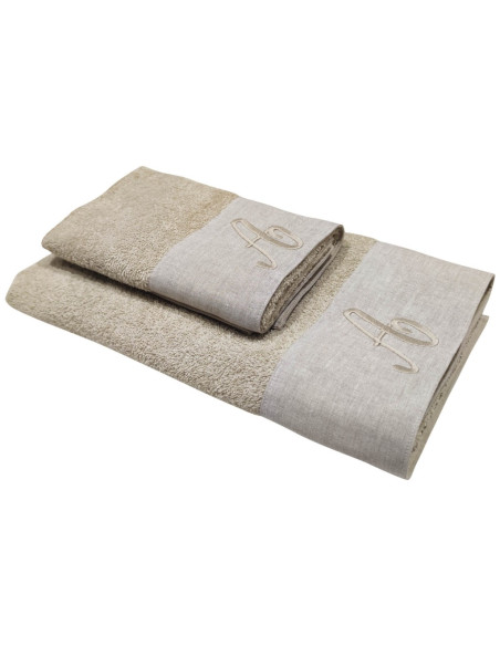 BIANCOPERLA SET 2 ASCIUGAMANI VISO E OSPITE CON INIZIALE RICAMATA - EKO LINO WASHED