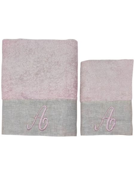 BIANCOPERLA SET 2 ASCIUGAMANI VISO E OSPITE CON INIZIALE RICAMATA - EKO LINO WASHED