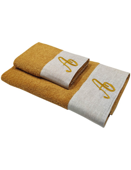 BIANCOPERLA SET 2 ASCIUGAMANI VISO E OSPITE CON INIZIALE RICAMATA - EKO LINO WASHED