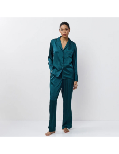 ARUELLE PIGIAMA APERTO DONNA MANICA LUNGA E PANTALONE LUNGO IN RASO - EMERALDA