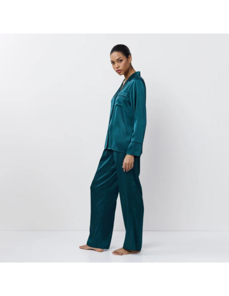ARUELLE PIGIAMA APERTO DONNA MANICA LUNGA E PANTALONE LUNGO IN RASO - EMERALDA
