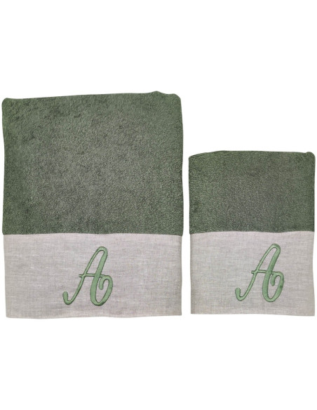 BIANCOPERLA SET 2 ASCIUGAMANI VISO E OSPITE CON INIZIALE RICAMATA - EKO LINO WASHED