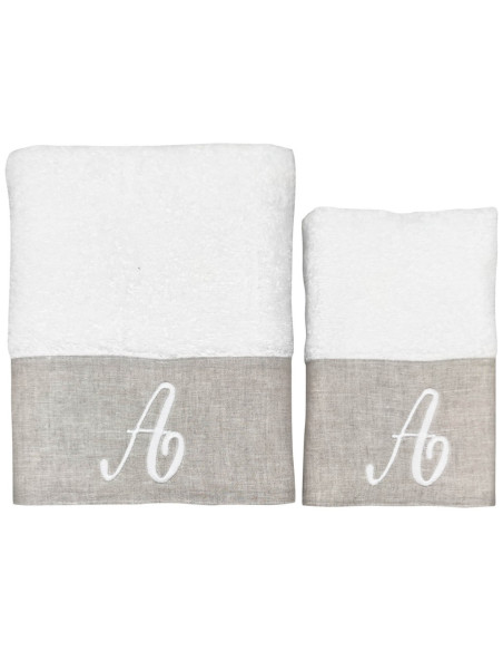BIANCOPERLA SET 2 ASCIUGAMANI VISO E OSPITE CON INIZIALE RICAMATA - EKO LINO WASHED