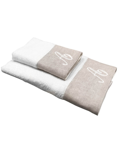 BIANCOPERLA SET 2 ASCIUGAMANI VISO E OSPITE CON INIZIALE RICAMATA - EKO LINO WASHED