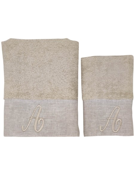 BIANCOPERLA SET 2 ASCIUGAMANI VISO E OSPITE CON INIZIALE RICAMATA - EKO LINO WASHED