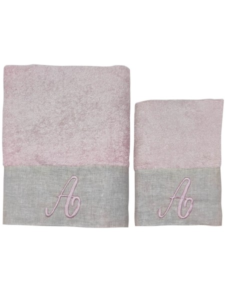 BIANCOPERLA SET 2 ASCIUGAMANI VISO E OSPITE CON INIZIALE RICAMATA - EKO LINO WASHED