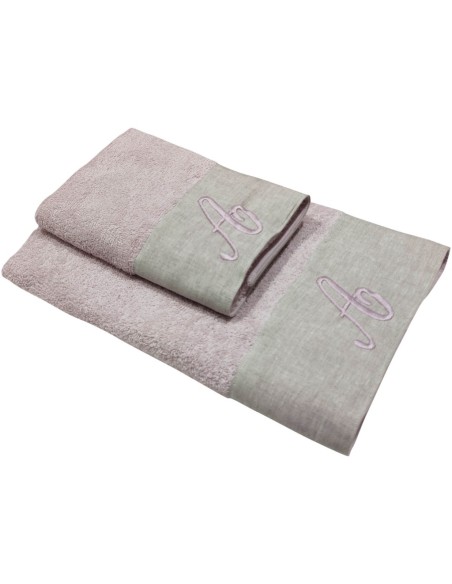 BIANCOPERLA SET 2 ASCIUGAMANI VISO E OSPITE CON INIZIALE RICAMATA - EKO LINO WASHED