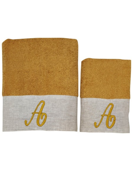 BIANCOPERLA SET 2 ASCIUGAMANI VISO E OSPITE CON INIZIALE RICAMATA - EKO LINO WASHED