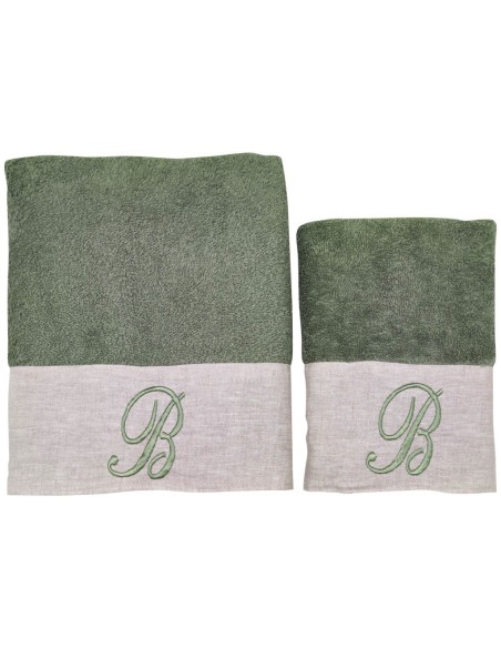 BIANCOPERLA SET 2 ASCIUGAMANI VISO E OSPITE CON INIZIALE RICAMATA - EKO LINO WASHED