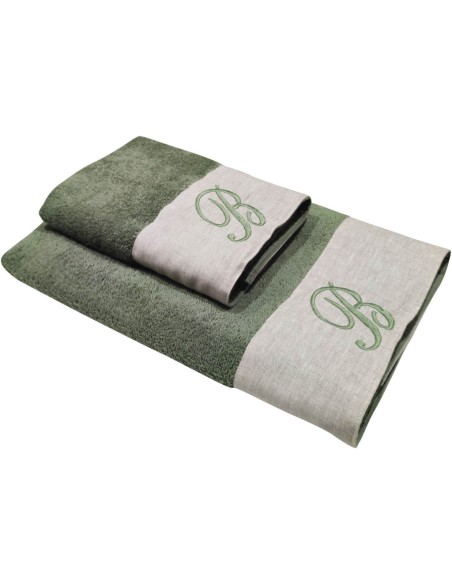 BIANCOPERLA SET 2 ASCIUGAMANI VISO E OSPITE CON INIZIALE RICAMATA - EKO LINO WASHED