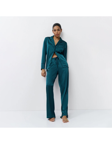 ARUELLE PIGIAMA APERTO DONNA MANICA LUNGA E PANTALONE LUNGO IN RASO - EMERALDA