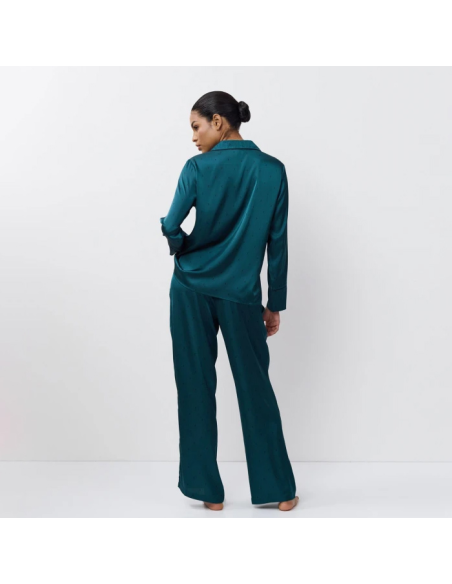 ARUELLE PIGIAMA APERTO DONNA MANICA LUNGA E PANTALONE LUNGO IN RASO - EMERALDA